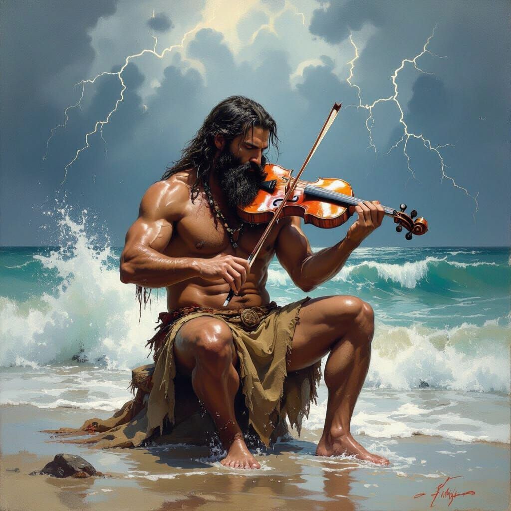 Violinist on Stormy Shore in Dramatic Artistic Style