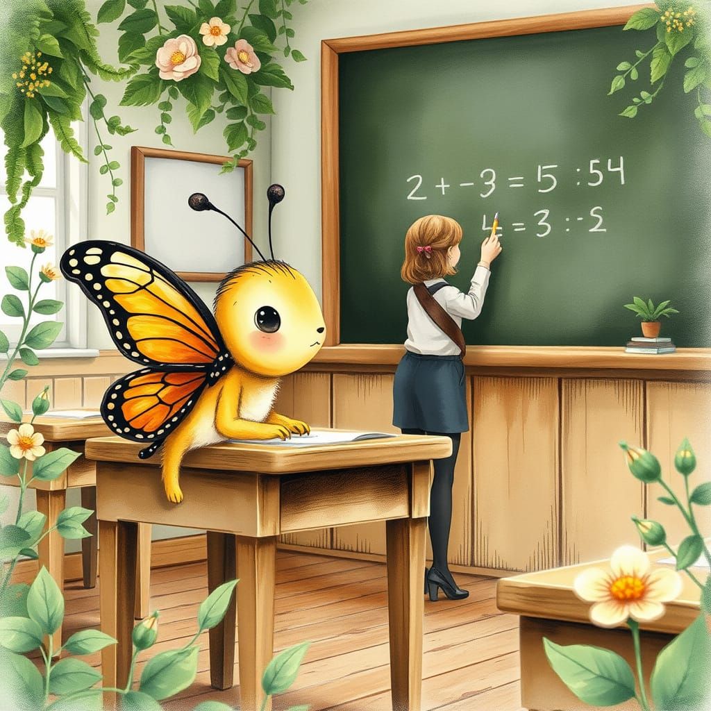 Butterfly Student in Classroom, Beatrix Potter Style