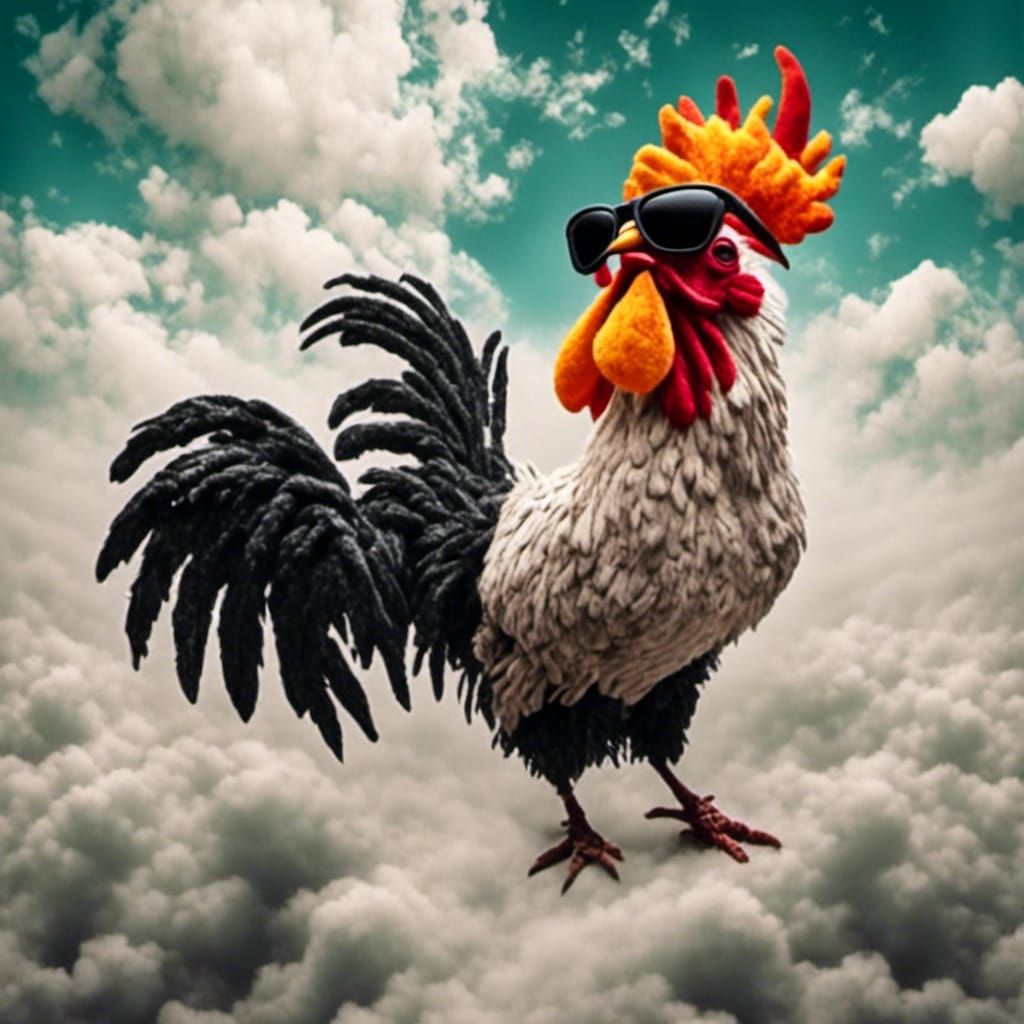 Cool Rooster Flying in Clouds: Graffiti Art