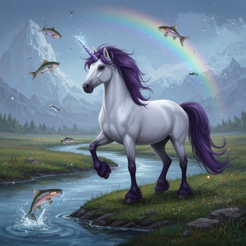 Majestic Unicorn by Mystical River with Leaping Fish