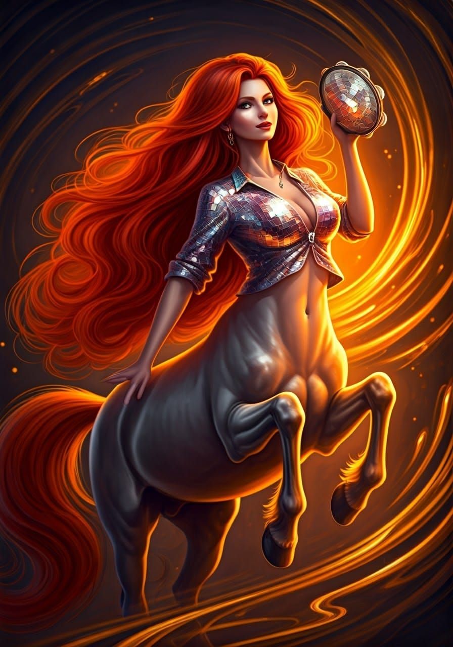 Female Centaur, centauress red hair, Tambourine