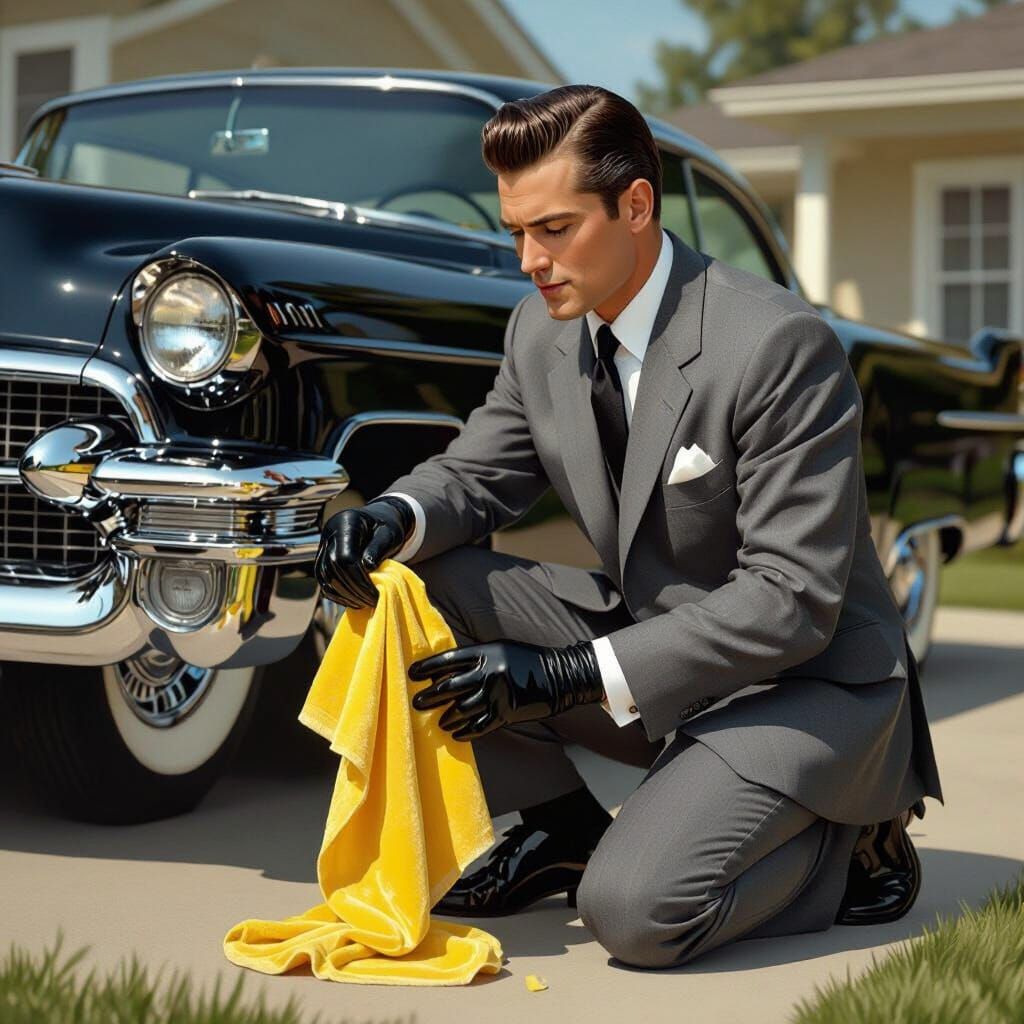 1950s Gentleman Polishing Cadillac in Suburban Scene