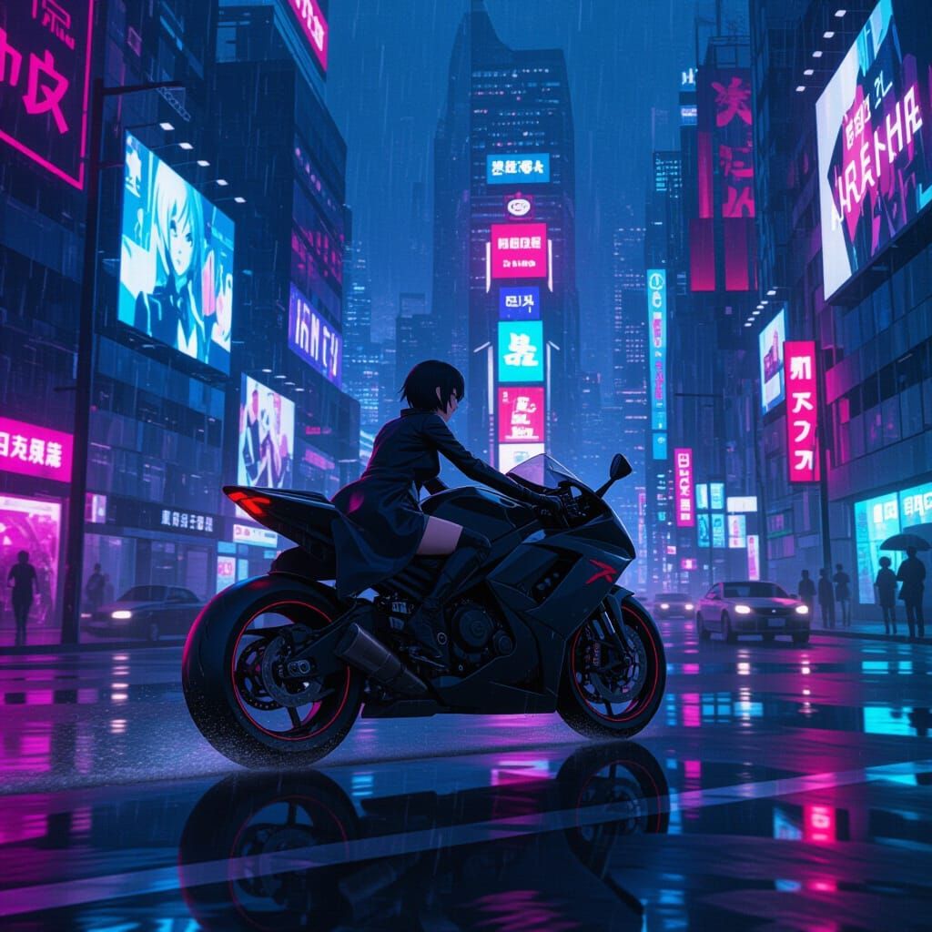 Cyberpunk Motorcycle Race Through Neon City at Night