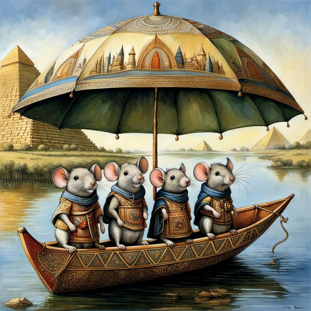 Mouse Family Sails Nile Under Upside-Down Umbrella Boat
