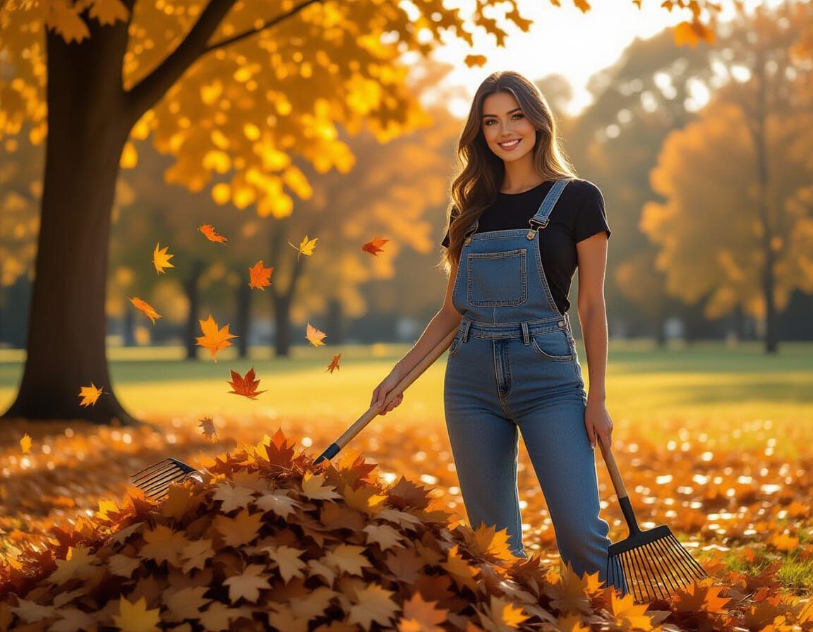 Renaissance Woman in Autumn Park Holding Rake
