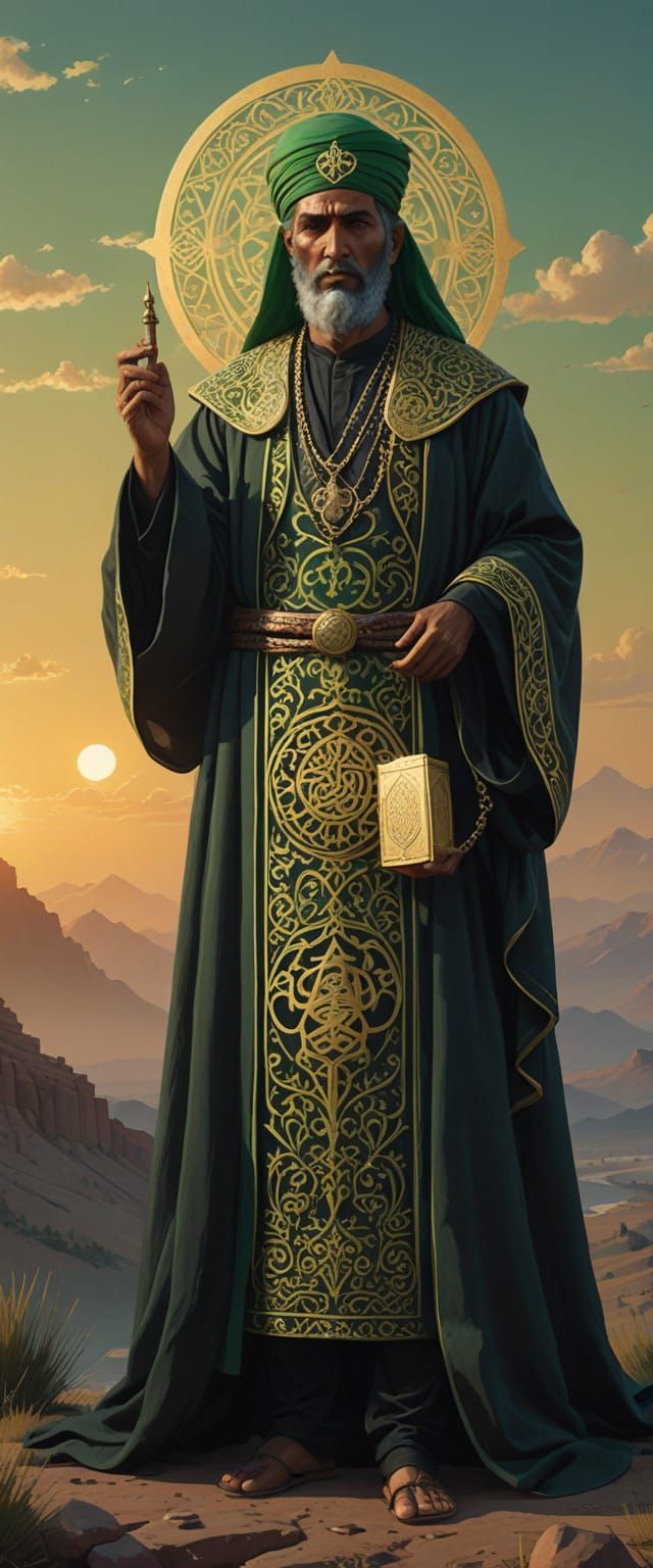 Majestic Muslim Warrior Saint in Elegant Islamic Attire