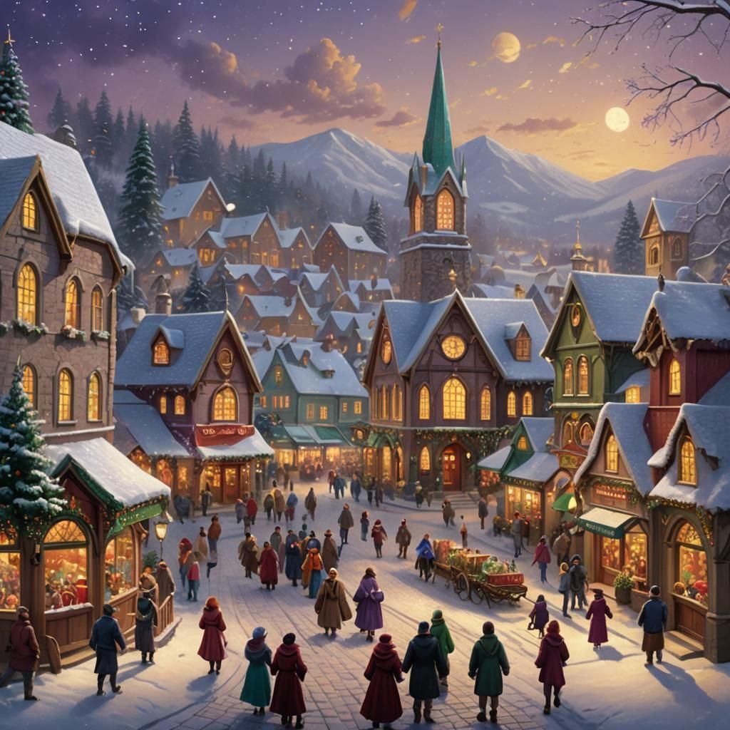 Nostalgic Christmas Village Scene with Holiday Market