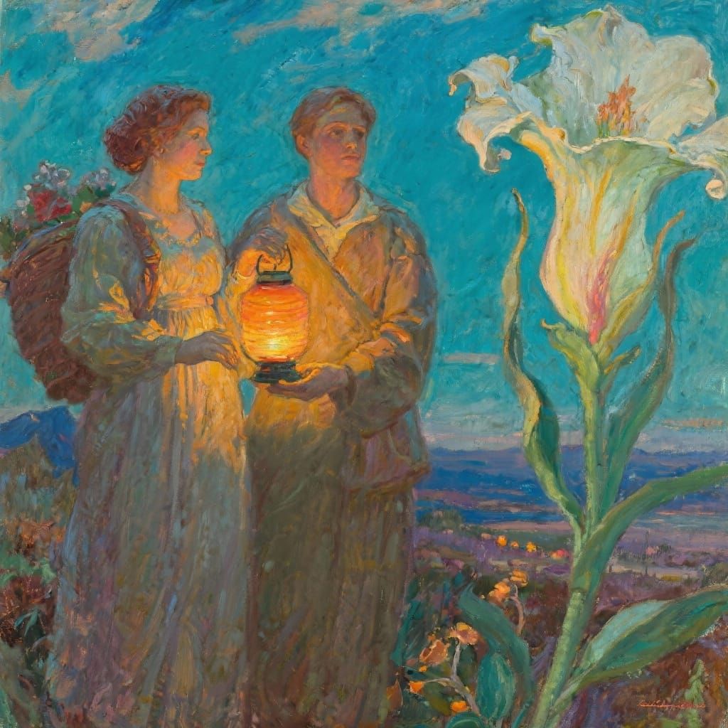 Lantern Bearers in Maxfield Parrish & Georgia O'Keefe Style