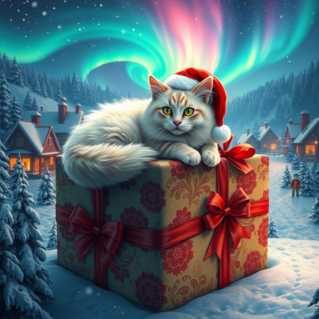 Cat in Santa Hat on Christmas Gift