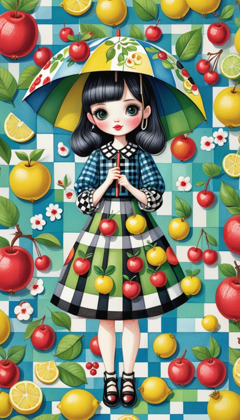 Charming Doll Girl with Fruit: Colored Pencil Illustration