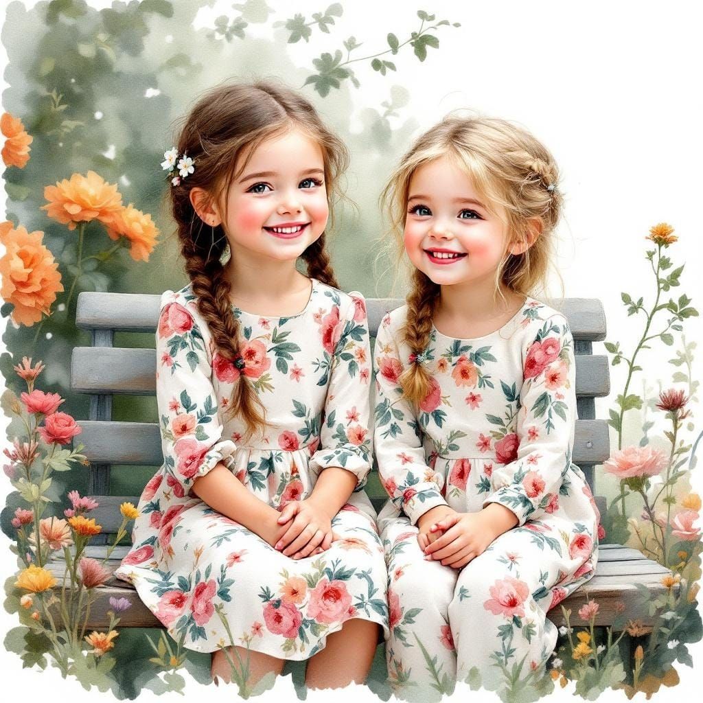 Girls in Garden, Expressive Watercolour Art