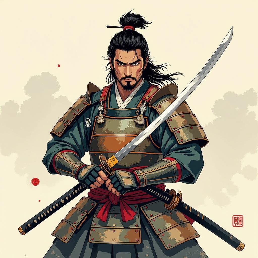 Samurai Warrior with Katana in Watercolor Style