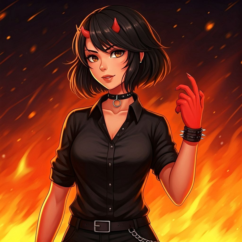 Anime Woman With Devil's Hand and Fiery Background