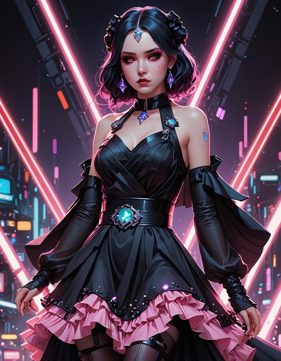 Pastel Goth Dress in Neon Lights: 3D Anime Art