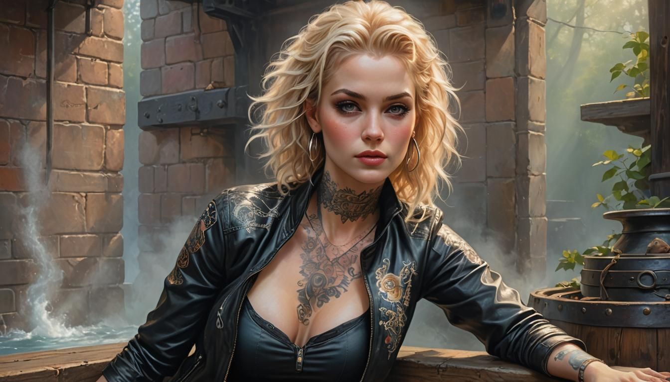 Tattooed Blonde Lounging: Hyperdetailed Ethereal Portrait
