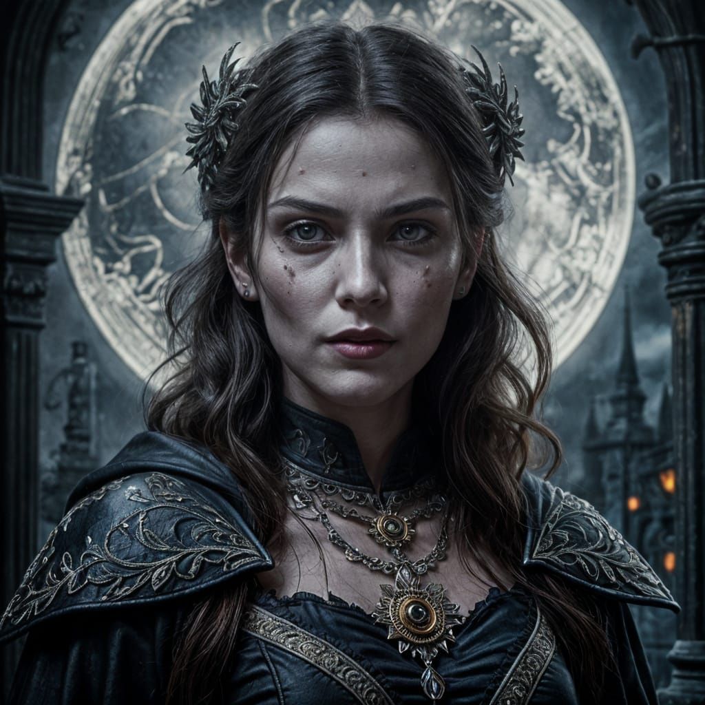 Gothic Vampire Woman Portrait with Silver Moon