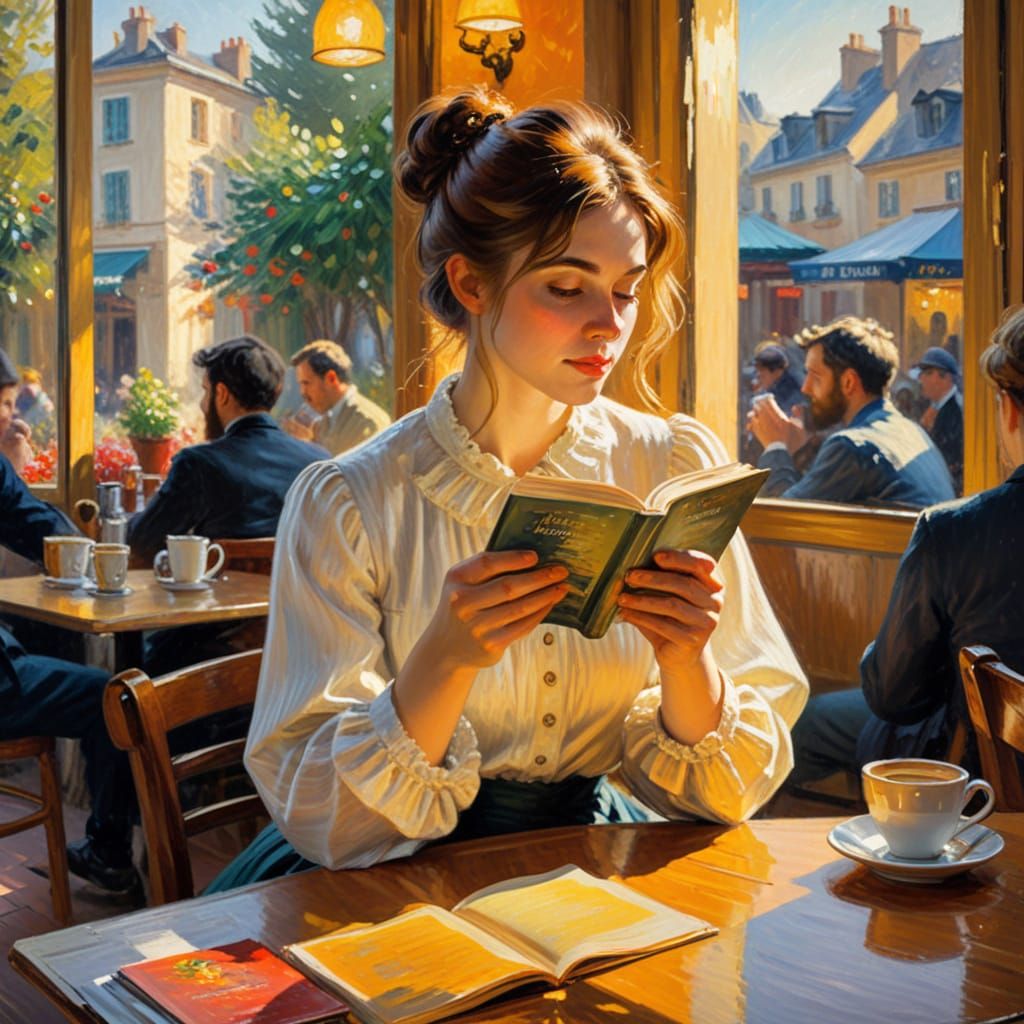 Woman at a Cozy Café in Impressionist Style