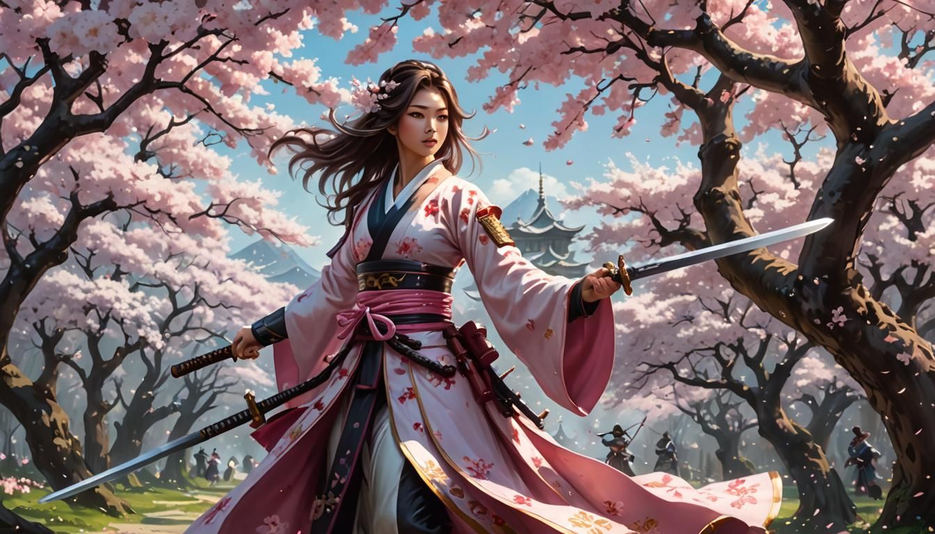 Cherry Blossom Samurai in Ethereal Anime Style