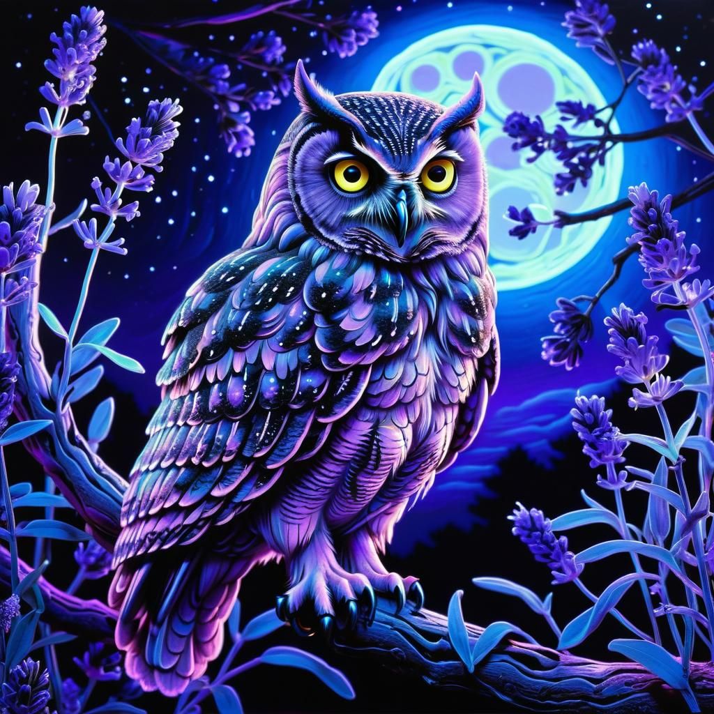 Blacklight Owl in Hyper-Realistic Style