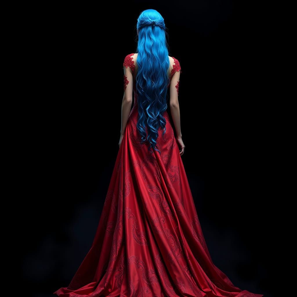 Ethereal Blue Haired Goddess in Crimson Evening Gown