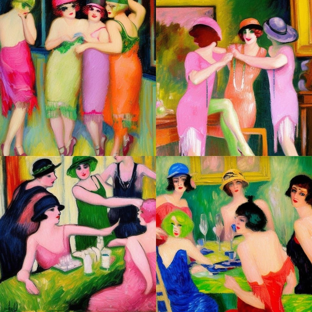 Flappers Dancing in Brothel: Neo-Impressionist Oil Painting