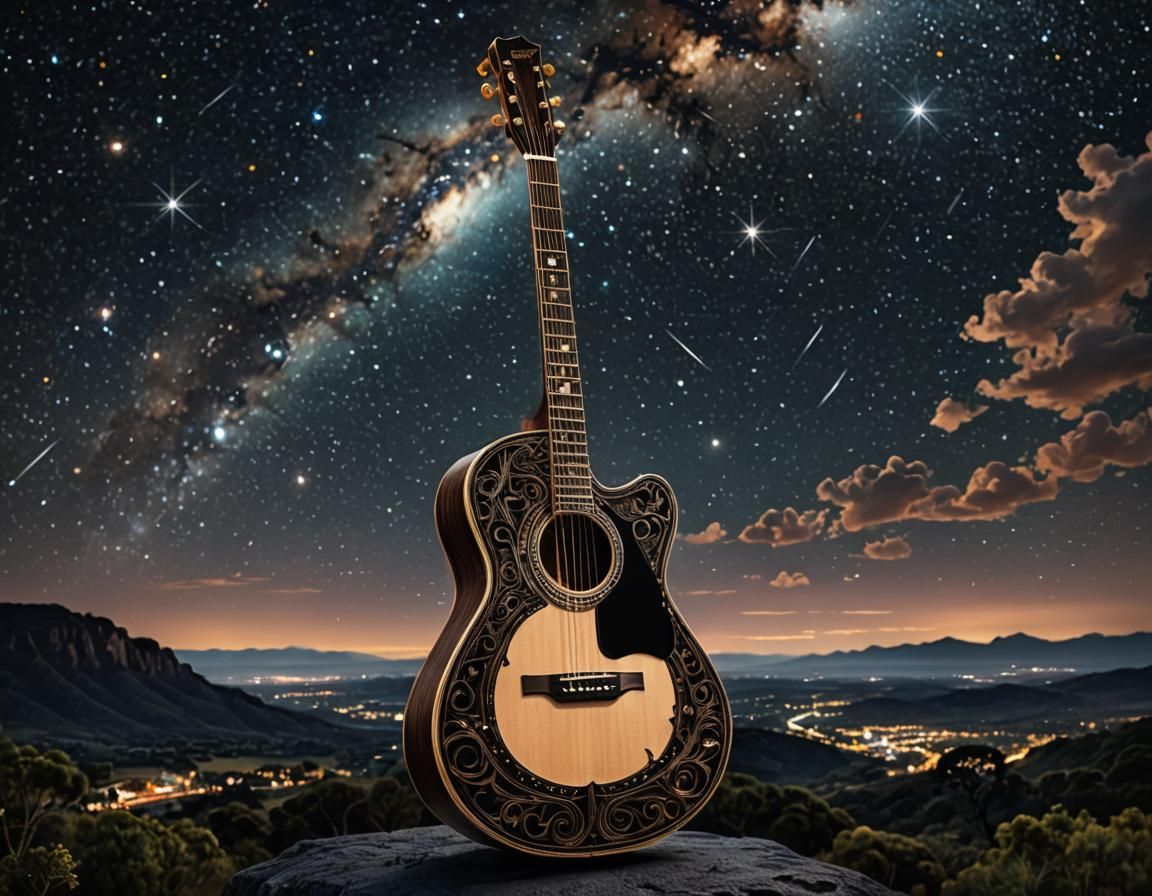 Acoustic Guitar Double Exposure with Starry Night