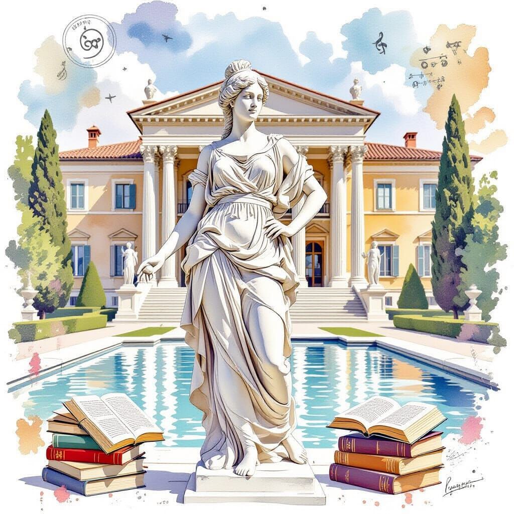 Blonde Woman Statue at Villa Adriana in Watercolor Style