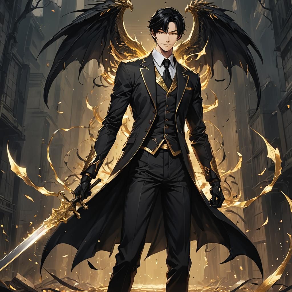 Anime Man with Dragon Wings in Cel-Shaded Style