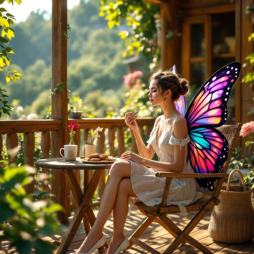 Butterfly Woman on Terrace: Detailed Matte Painting