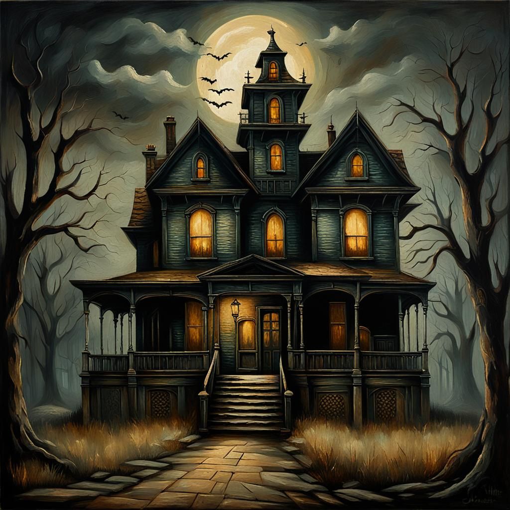 Vintage Oil Painting of a Haunted House