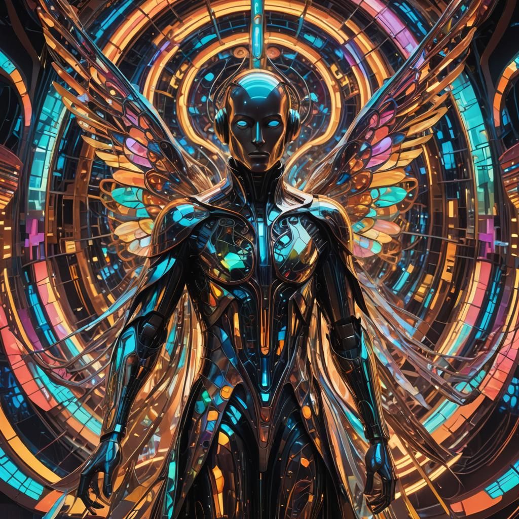 Cyberpunk Humanoid Figure with Iridescent Wings