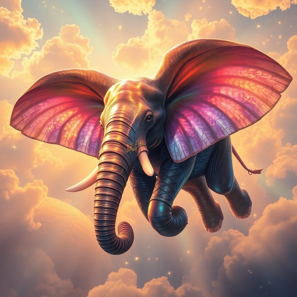 Majestic Elephant Soaring Through Shimmering Skies