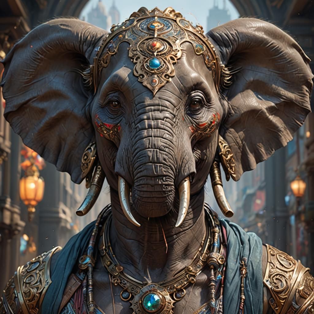 Elephant Humanoid Portrait in Art Nouveau Style