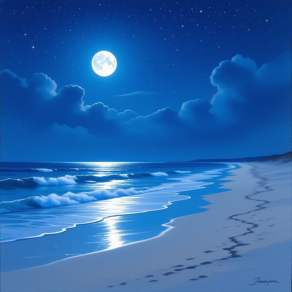 Ethereal Moonlit Beach Under Starry Sky
