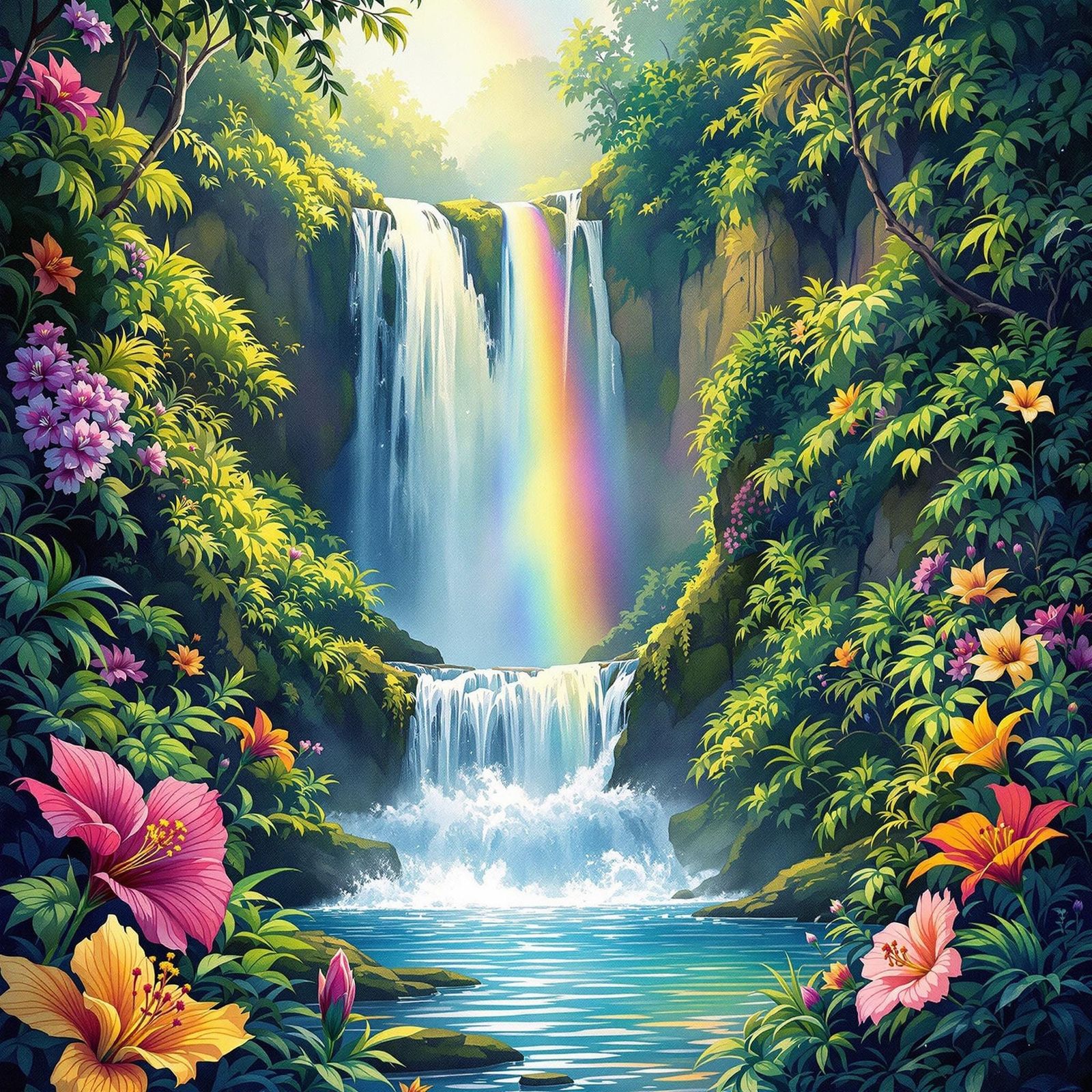 Ethereal Waterfall in Stained Glass Watercolour Style