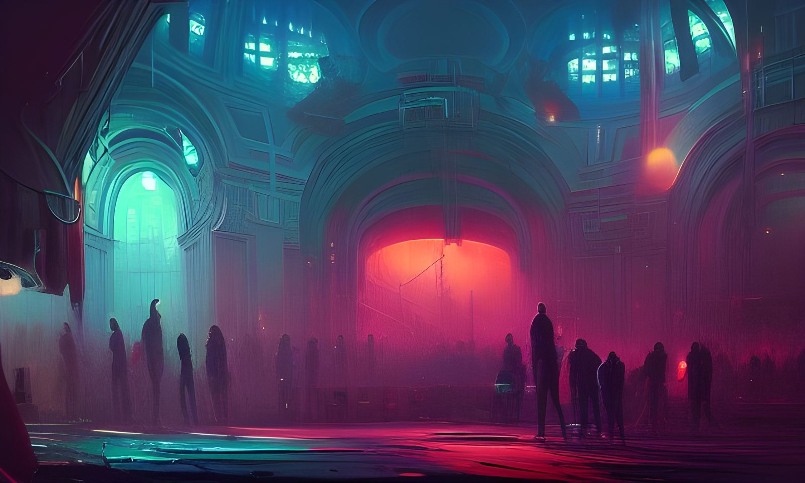 Futuristic Nightclub Interior: Ominous Oil Painting