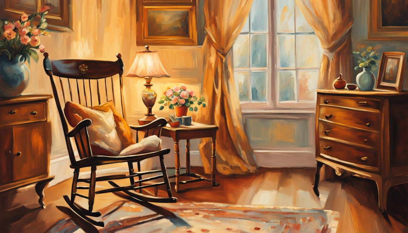 Vintage Rocking Chair in Oil Painting with Golden Light