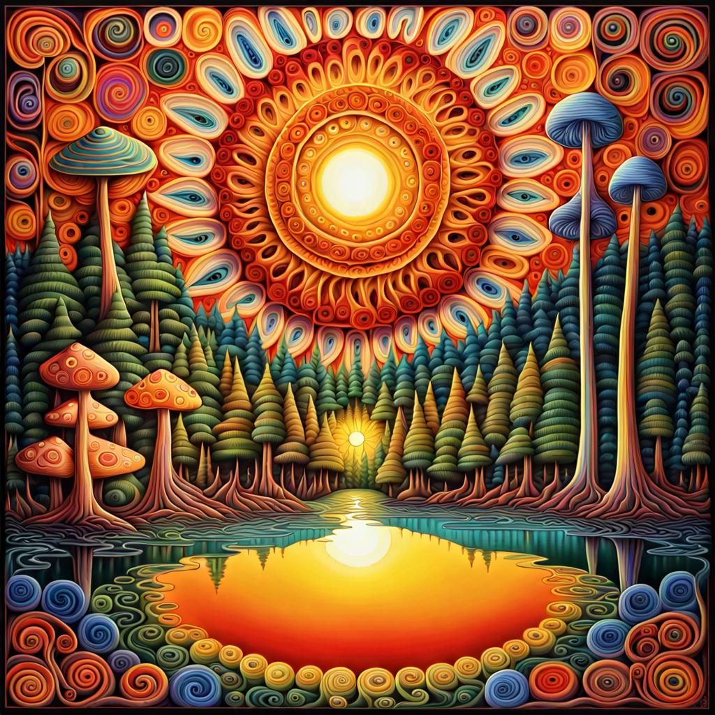 Psychedelic Sun Above Colorful Forest, Digital Art