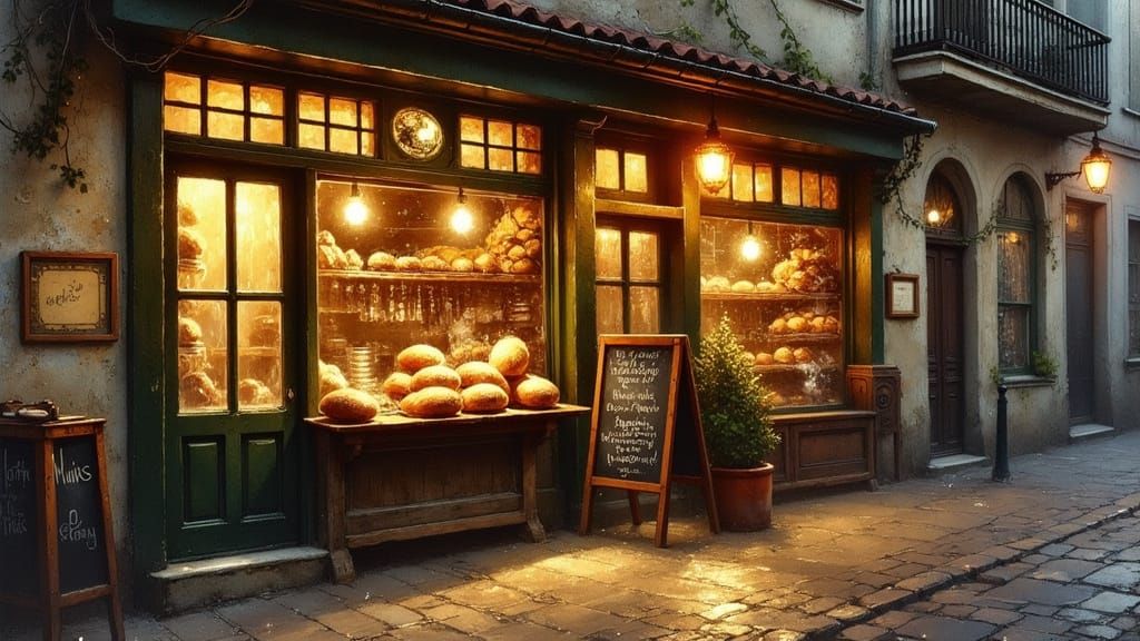 Rustic Bakery at Dawn in Soft Watercolor Style