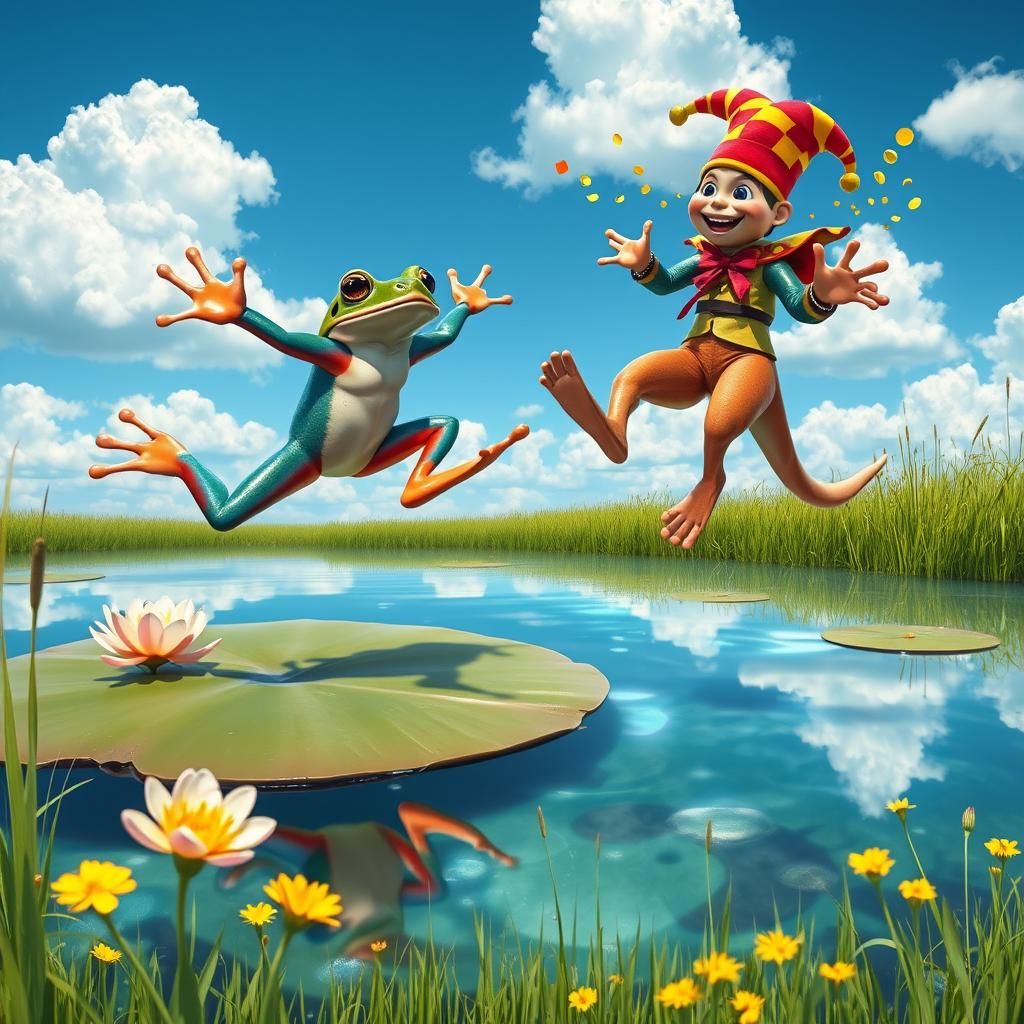 Vibrant Frog Leaps in Whimsical Landscape