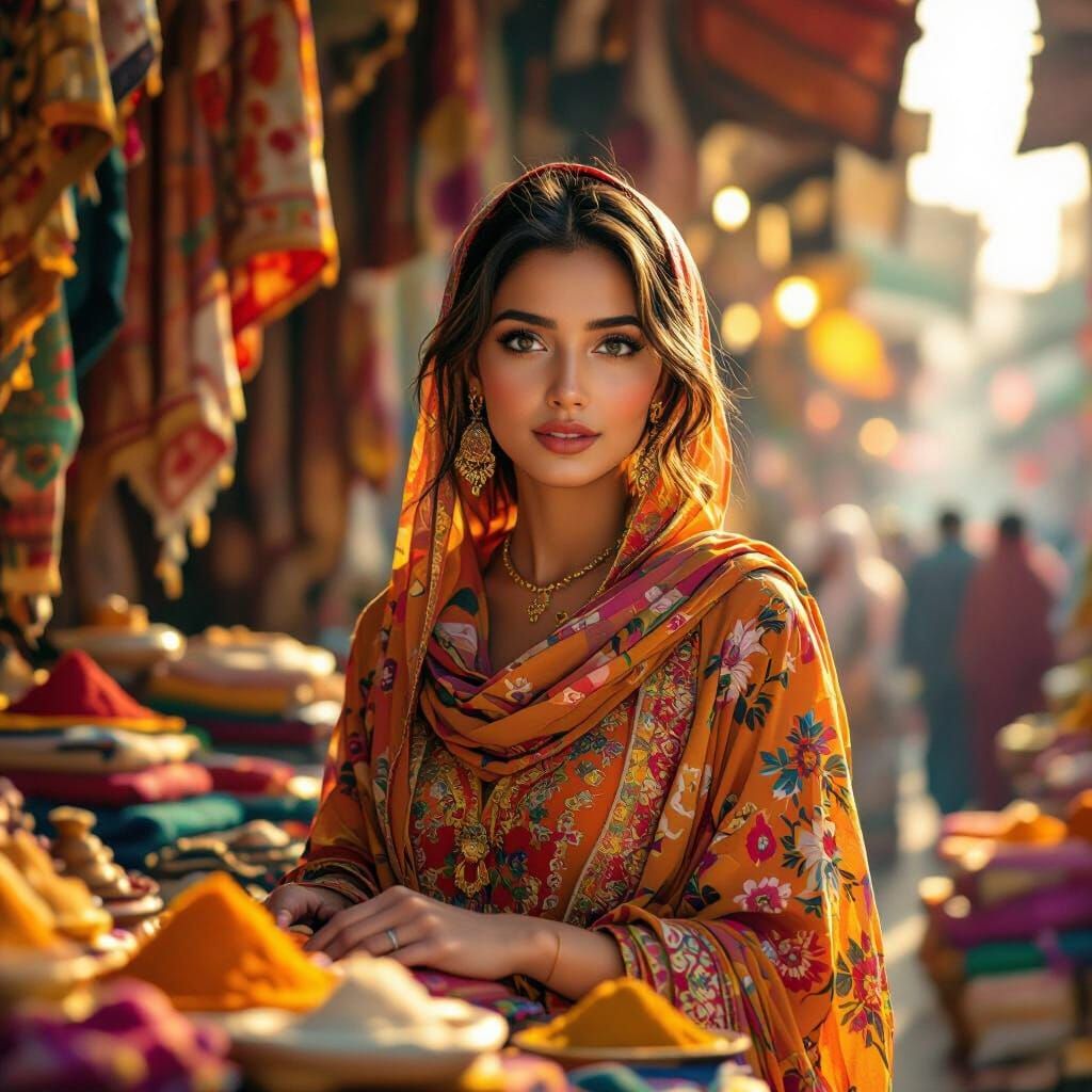 South Asian Woman in Vibrant Marketplace, Painterly Style