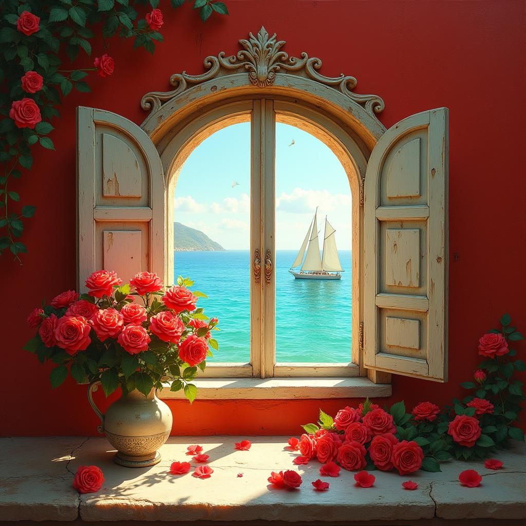 Red Roses and Turquoise Sea: Mediterranean Vista
