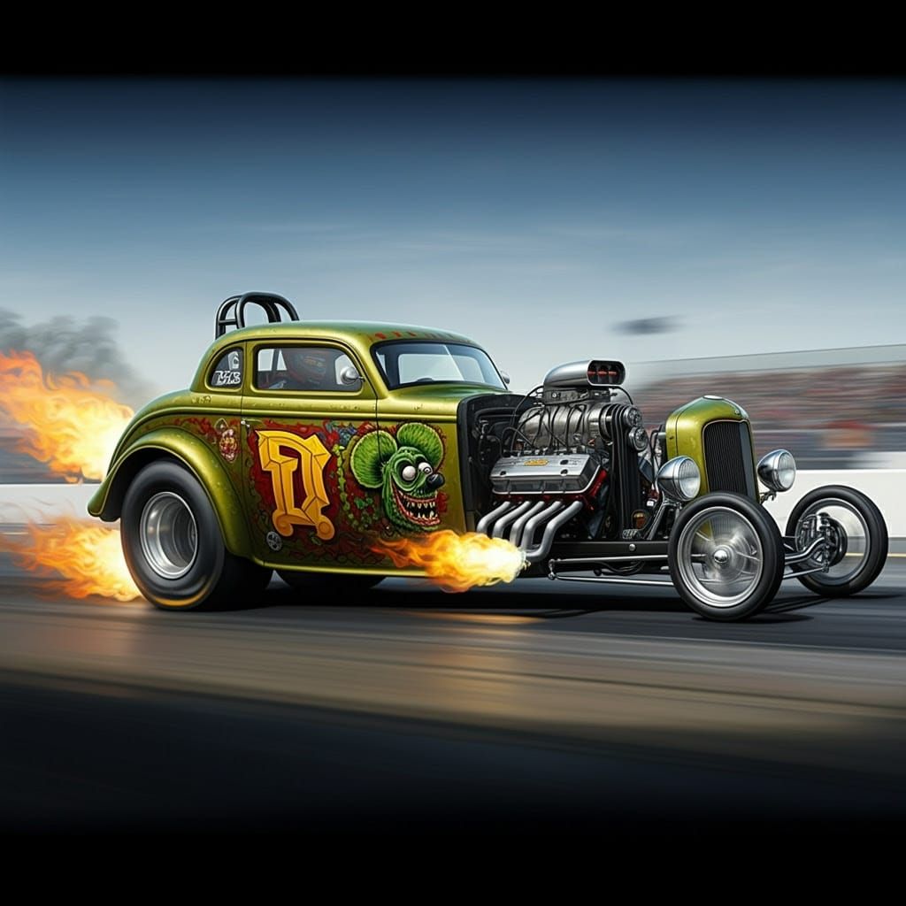 Hyperrealistic Dragster with Rat Fink Paint Job