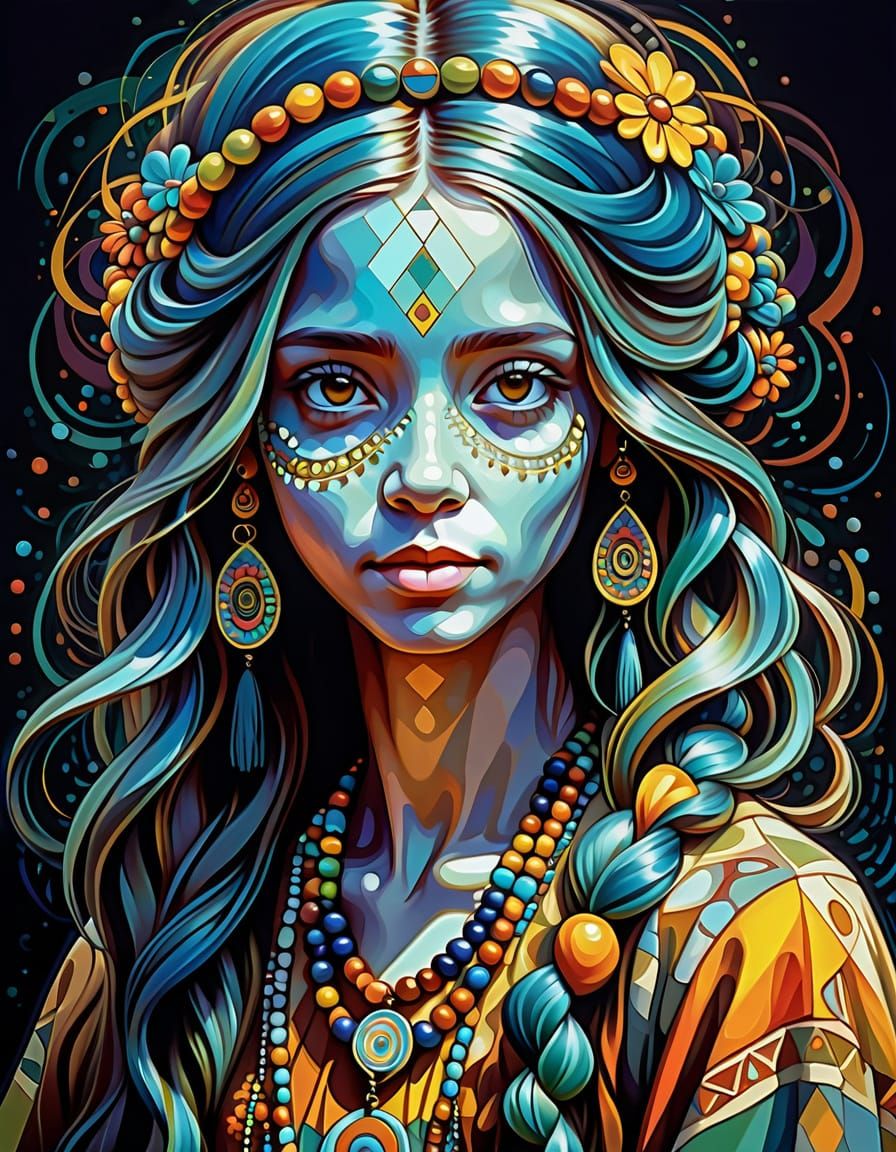 Vibrant Post-Impressionist Girl with Escher Geometry