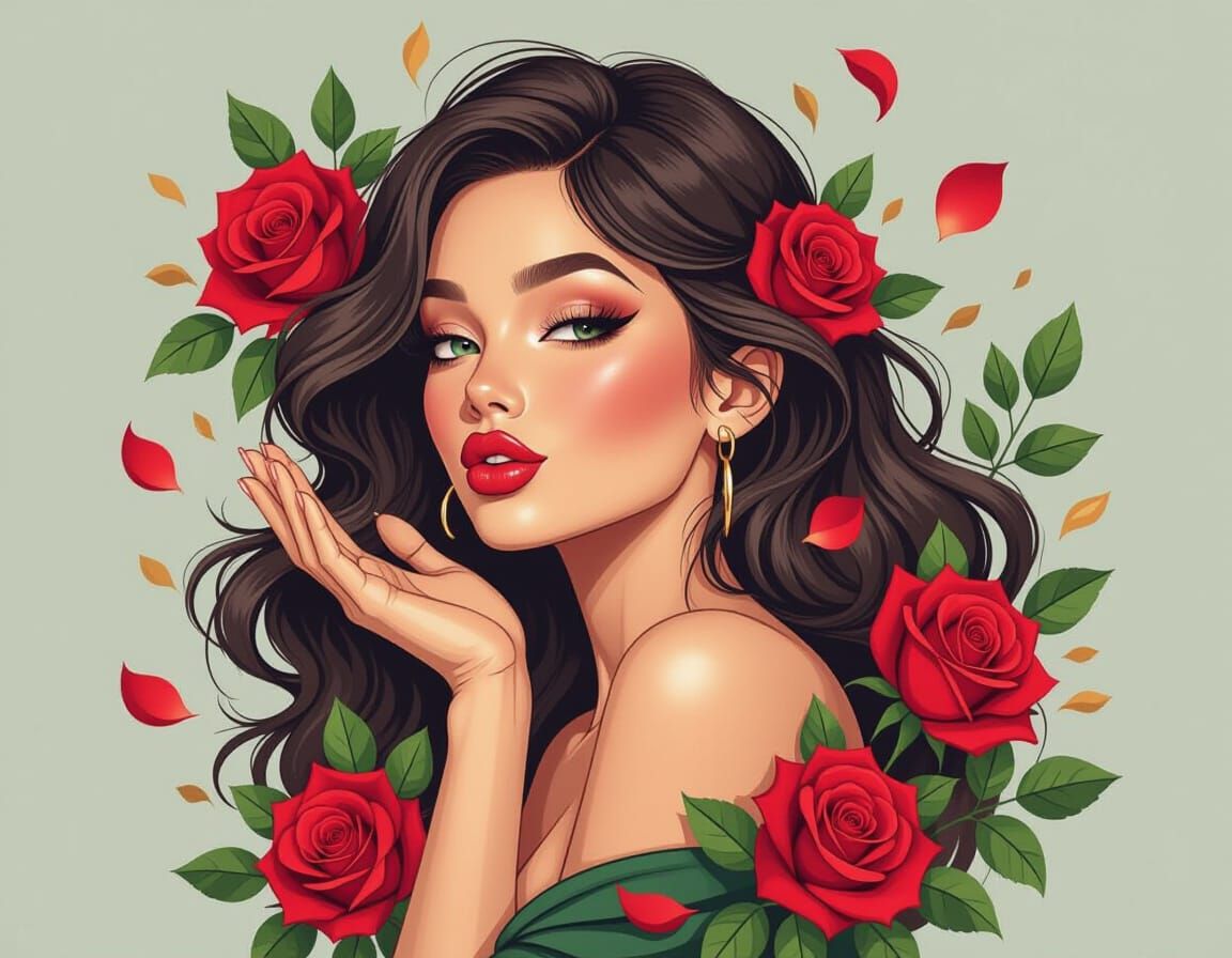 Dynamic Portrait of Woman with Roses in Pop Art Style