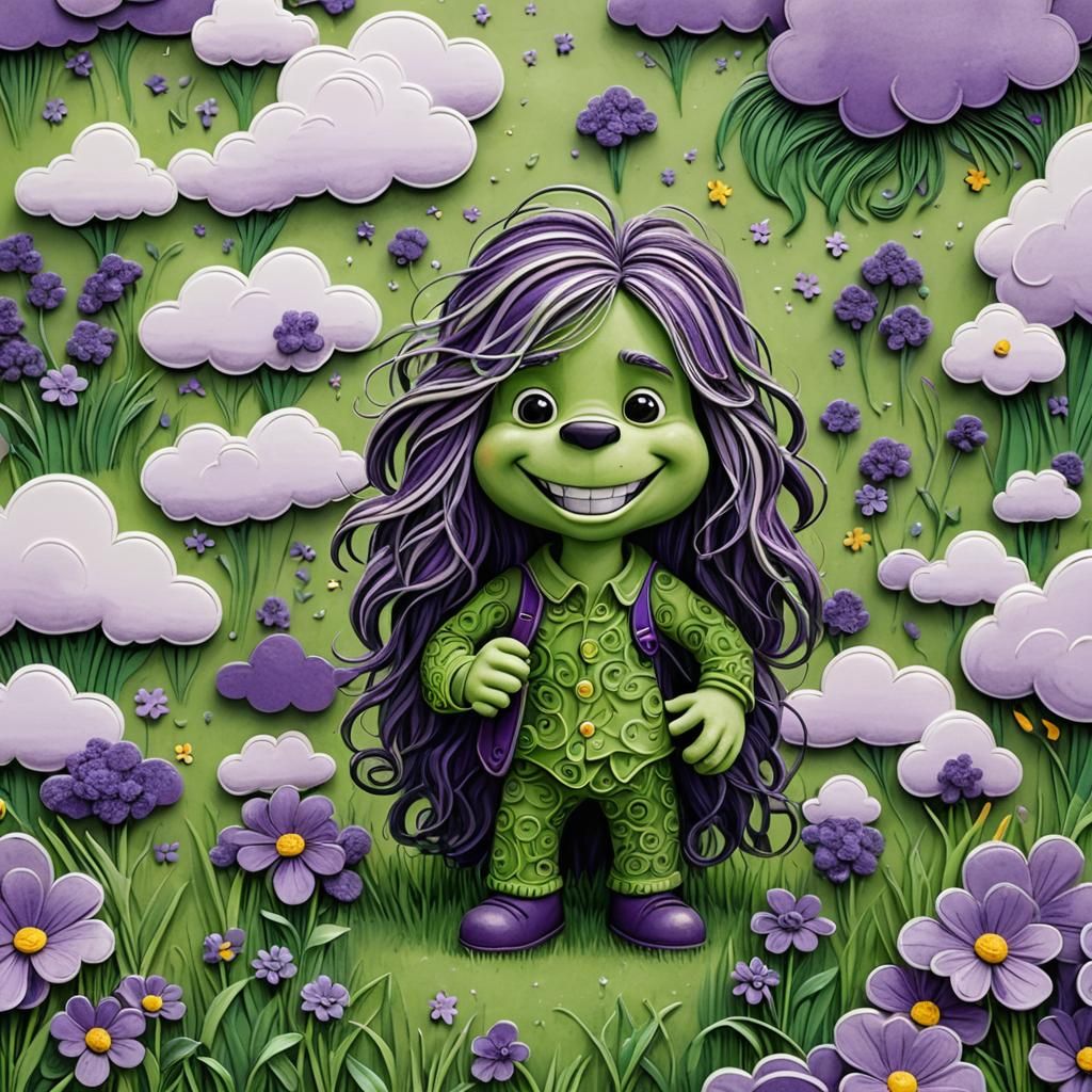 Whimsical Green and Purple Character in Storybook Style