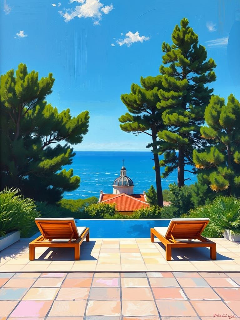 Serene Pool Scene with Pine Trees and Ocean View
