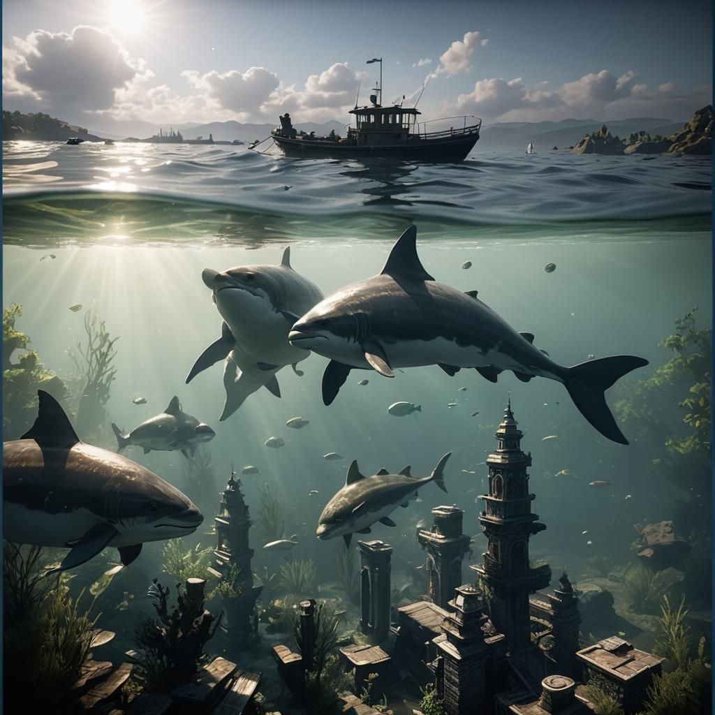 Underwater City with Dolphins and Boat in 3D