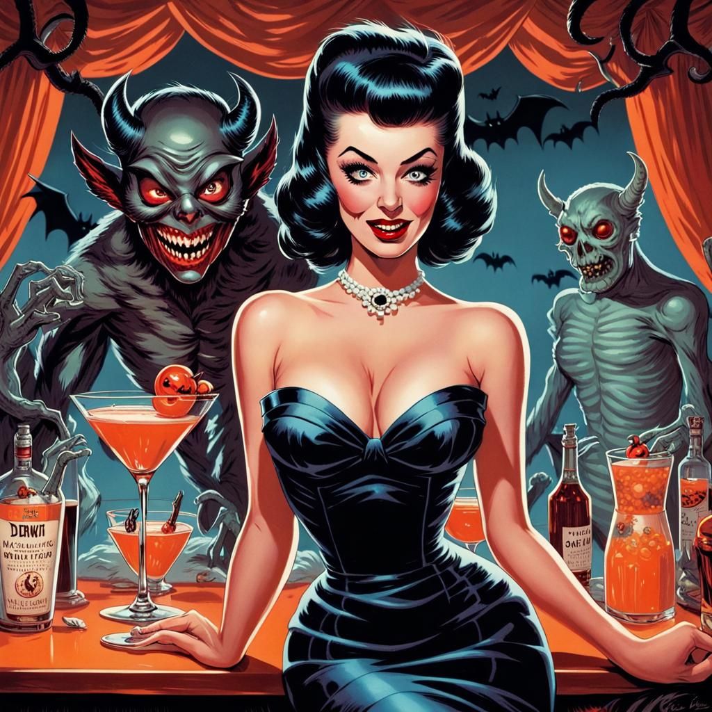 Retro Halloween Pinup at Cocktail Party