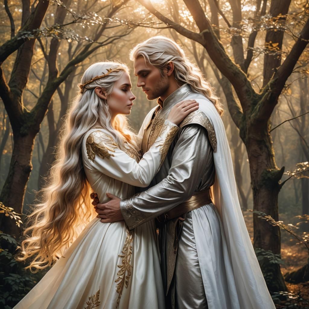 Fantasy Elf Couple Embrace in Golden Forest